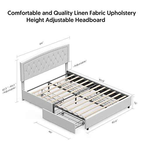 Bonsoir Queen Size Storage Bed Frame Upholstered Low Profile Traditional Platform With Tufted And Nail Headboard/No Box Spring Needed/4 Pull Out Drawers/Sand Color Linen Fabric (Queen Size) #TOP2