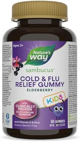 Nature's Way Sambucus Cold and Flu Relief Elderberry Gummies for Kids – Used in Herbal Medicine to Help Relieve Symptoms (Cough, Runny Nose and Sore Throat) in Children age 3+, 60 Gummies