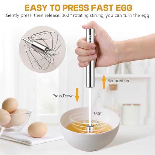 Image of NileHome Stainless Steel Whisk Set 8 inch 10 inch Hand Blender + 12 inch Semi-Automatic Rotary Kitchen Whisk Kitchen Wisk Wire Whisks for Cooking, Whisking, Blending, Beating, Stirring- 3 Pack...