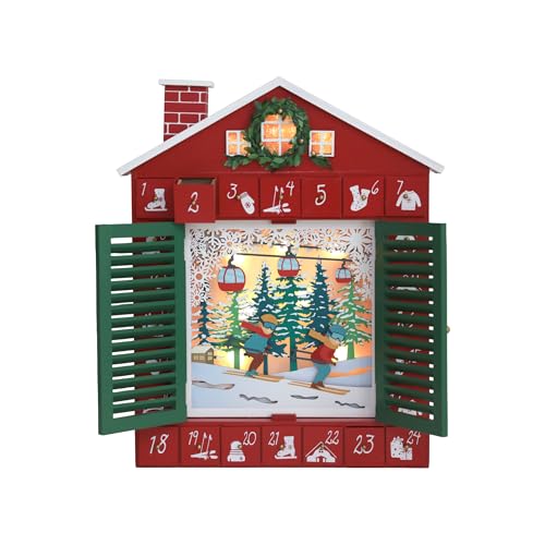 PE Wooden Christmas Advent Calendar with LED Lights – 24 Countdown Drawers and Ski-Themed, Light-Up Chalet Design, Battery Operated, 15.1"x2.4"x18.3"