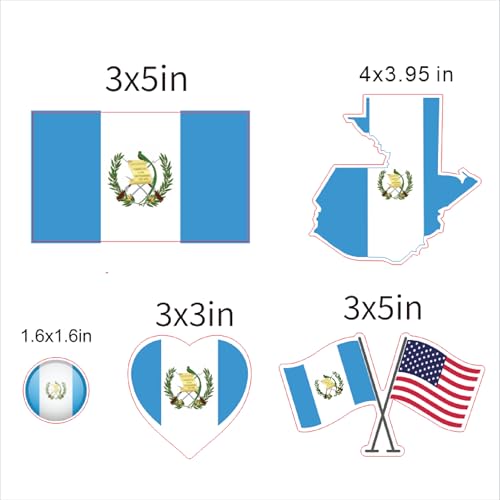 Image of Set of 5 National Flag Themed Sticker Decal of Flag, Country Map, Circular Shape, Heart Shape and with USA Flag for Car, Phone, Circular Shape, Laptop, Mug, Bottle, Textbooks (Guatemala)
