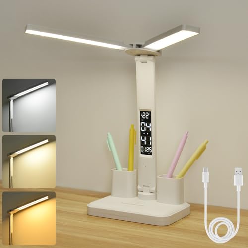 vsshe Lampe de Bureau LED à Double Tête, LED Double Bureau avec Heure Calendrier Température Porte Stylo, Protection De Dimmable Yeux, 3 Luminosité 3 Couleurs,Lampe Bureau pour Bureau, Maison, École