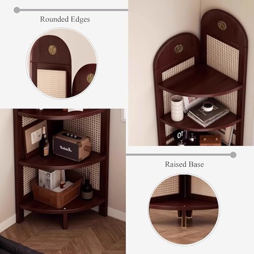 5-Tier Rattan Corner Shelf, Free-Standing Tall Display Rack for Living Room, Bedroom, Office & Balcony – Sturdy Feet, Narrow Design, Space-Saving Storage Solution (Brown)