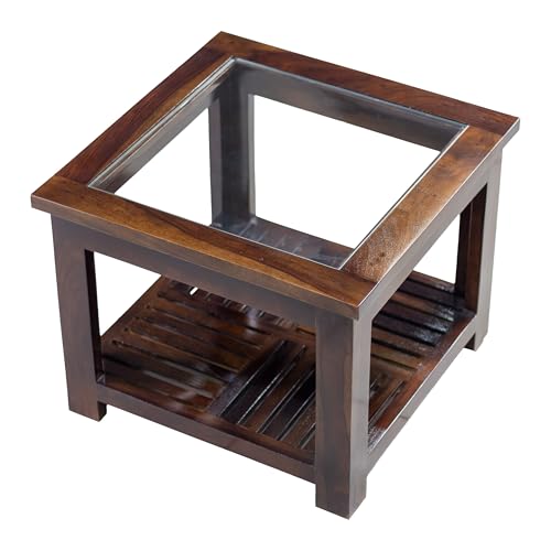 Image of Solid Sheesham Wood Coffee Table with Glass Top & Storage Shelf | Premium Wooden Teapoy | Modern Center Table for Living Room | Wooden Tea Table (Walnut Finish)