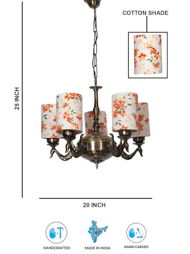 Image of Devansh 05-Light Round Printed Multicolor Cotton Shade Chandelier - Antique Golden Finish | Adjustable Cord | Warm Glow Lamp - Ceiling Light for Living Room, Dining Area, BedroomDecor - D10