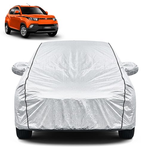 Image of Waterproof Car Cover for Mahindra KUV 100 | Dustproof, UV Resistant & Scratch Protection | Soft Cotton Lining | Triple Stitched | Mirror Pockets & Elastic Fit | Silver