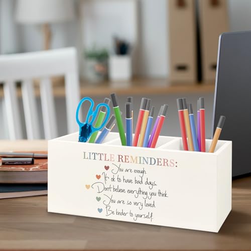 Image of Little Reminders Mental Health Wooden Pen Pencil Holder for Office Desk Accessories, Therapist Gifts, Mental Health Positive Affirmations Makeup Brush Toothbrush Holder Organizer