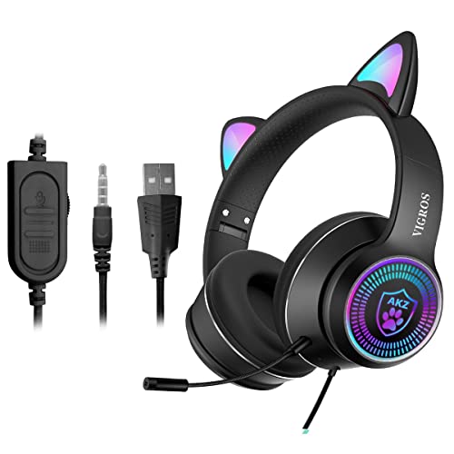 Vigros Cat Ear Gaming Headphones Wired Aux 3.5Mm With Led Light, Flashing Stereo Game Headphones Surround Sound Over-Ear Headsets With Microphone Fit Kids & Adult For Pc, Ps4, Switch, Mobile, Laptop #TOP1