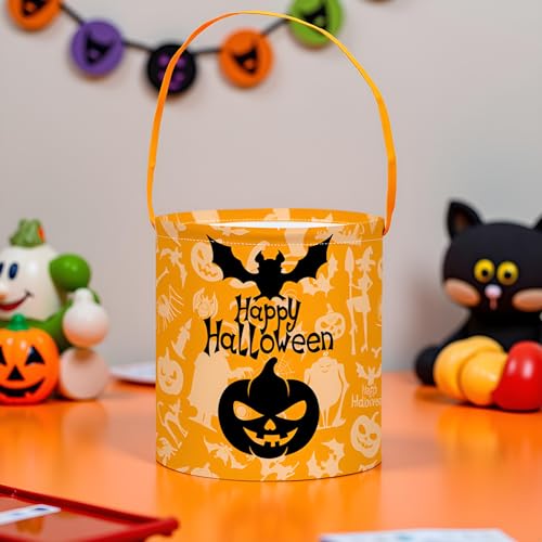 Image of Halloween Bucket for Trick or Treat Kids Halloween Pumpkin Bucket Halloween Candy Snack Baskets Pumpkin Halloween Party Decoration (Happy Halloween)
