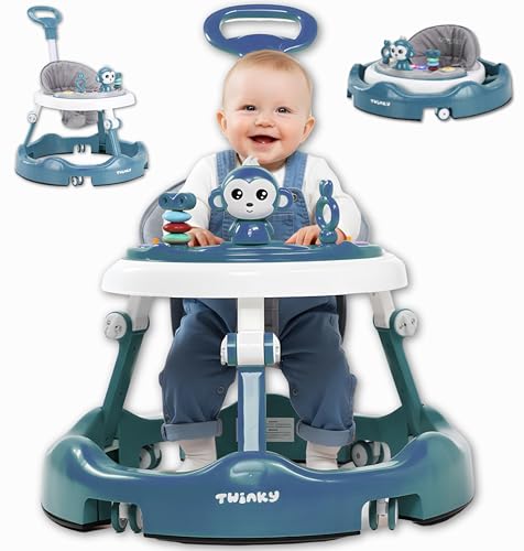 Twinky Baby Walker Retractable for Boys & Girls 6 Months+ with Play Set Music & Floor Mat Sturdy Walking Aid with Push Handle & 4 Adjustable Height Positions