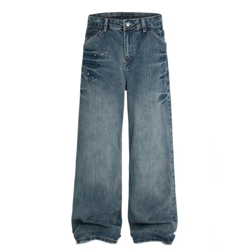 Men's Rivets Retro Jeans, High Street Style, Loose Fit, Distressed Straight Leg Denim Pants2