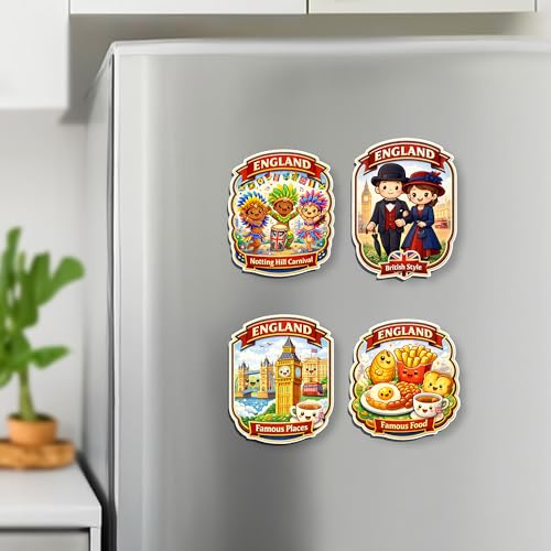 Image of Regalo Casila England Souvenir Fridge Magnet Set of 4 Pcs London Famous Places British Food Notting Hill Carnival UK Travel Souvenir Refrigerator Magnet Kitchen Decor Tourist Gift