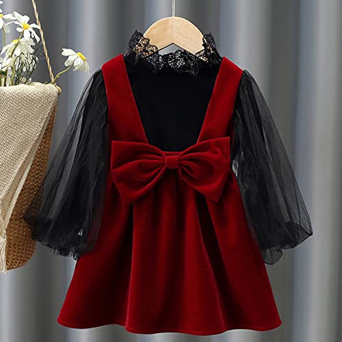 Mercatoo Meninas de inverno manga longa preta renda manga bufante top vermelho laço alça saia 2 peça