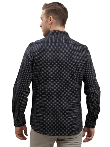 Image of Turtle Men Cotton Tencel Slim Fit Printed Navy Formal Shirt