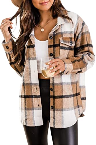 Women's Girl Plaid Button Down Long Sleeve Shacket Jacket Coat Warm Shirt Blouse Casual Outwear With Pocket (Camel , L ) #TOP8