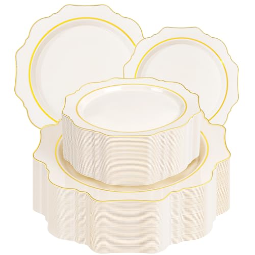 WDF 100PCS Ivory Plastic Plates with Gold Rim - Cream Plastic Plates - Include 50 Dinner & 50 Dessert Fancy Disposable Plate for Party - Heavy Duty Beige Plate for Wedding/Bridal Showers