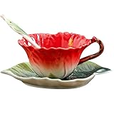 Beddinginn Juego de tazas y platillos de té coloridos, taza de café y platillo de flores de hibisco con cuchara, juego de té hecho a mano de China (1 x 6 onzas)