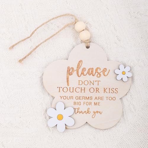 Image of Please Do Not Touch or Kiss Baby Sign, Wooden Don't Touch Baby Sign for Car Seat Stroller Tag No Touching Signage for Newborn (Flower)