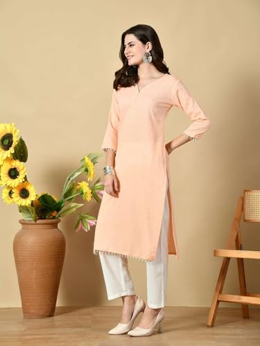 Image of Amazon Brand - Tavasya Women Cotton Katha Straight Regular Fit Kurta | Solid Ethnic Kurti | 3 /4 Sleeve Casual & Office Wear |Kurta for Women