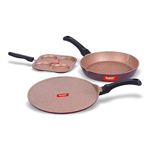 Image of Sumeet Nonstick Granite Finish ENCLAVE cookware set (Round Grill Pan 25.5cm Dia + Mini Multi Snack Maker - 4 Cavity - 19.5cm Dia + Tawa 30.5cm Dia)