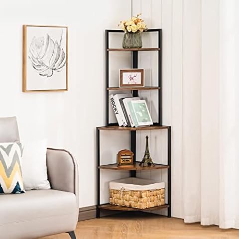 Apicizon 5 Tier Corner Shelf, Industrial Corner Bookshelf with Metal Frame, Rustic Corner Storage Rack Shelves Display Plant Flower, Stand Bookcase for Home Office, Small Place, Kitchen, Rustic Brown Cover