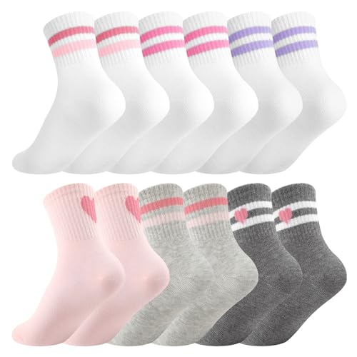 Jspupifip 6 Pairs Kids Girls White Gray Pink Crew Athletic Socks Funny Cotton Cute Unicorn Cartoon Pattern Socks for Running Sport Outdoor 6-10