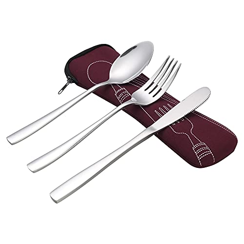 Sandmovie Ensemble de 3 couverts de camping en acier inoxydable avec étui, service pour 1 personne Cover