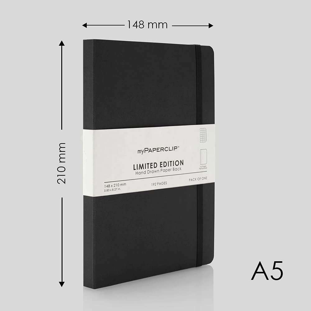 myPAPERCLIP Notatnik z limitowanej edycji, ręcznie rysowany papierowy tył, notatnik na prezent, w kratkę, 192 strony, A5, 100 g/m², czarny, 1 sztuka