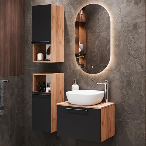Planetmöbel Astra Ensemble Meuble Salle de Bain avec Meuble sous lavabo 60 cm, 2 armoires Moyennes chêne doré Anthracite, sans Vasque à Poser