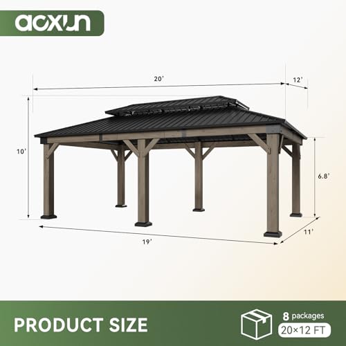 Image of Aoxun 20' x 12' Outdoor Wood Gazebo, Hardtop Gazebo Permanent Wooden Pavilion with Galvanized Steel Double Roof, and 19.7 FT Power Outlet,for Backyard, Garden, Deck, Cedar Wood, Grey