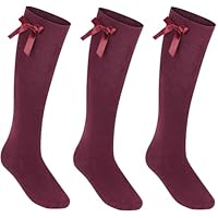 COSHAL® 3 Pairs Girls Knee High School Socks Cotton Socks with Fluffy Ribbons Bow Back to School Socks Girl's Uniform Party Wear Socks Kids Long Socks