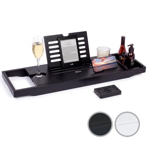 Image of Woodluv Foldable & Extendable Wooden Bath Caddy Tray with Book & Tablet Stand, Wine Glass Holder, Phone & Toiletry Storage, Adjustable Bathtub Rack, Black