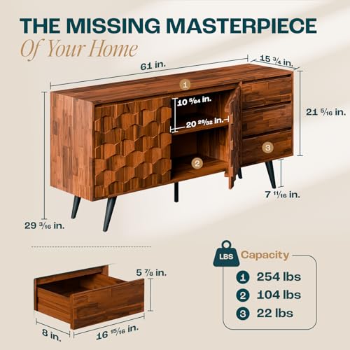 Image of Bme Georgina Sideboard 2 Doors & 3 Drawers, Mid Century, Dark Choco, 61 inch