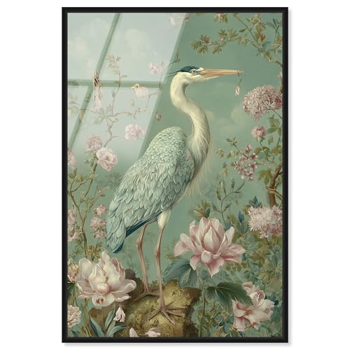 Chinoiserie Heron I Framed Acrylic Print Vintage Wall Art by Art Remedy, Black Frame, 24 x 36