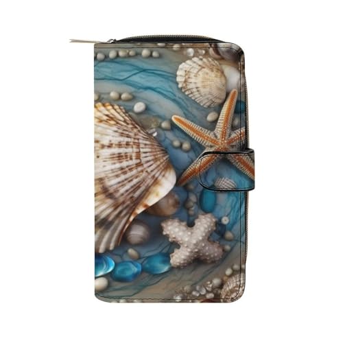 Portefeuille long illustré coquillage avec fenêtre ID, l'idée cadeau utile et élégante