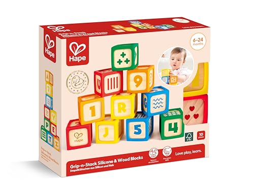 Hape Grip-n-Stack 10-Piece Wooden Building Blocks with Silicone Edges - Educational Alphabet & Number Stacking Toy for Toddlers and Babies - Fine Motor Skills & Sensory Play Set by Hape - Image 5