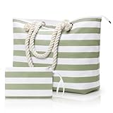 KALIDI Extra Large Beach Bag for Women with Zipper Waterproof Beach Tote with Pockets for Women Ladies Girls Summer Tote for Shopping Grocery,Green White