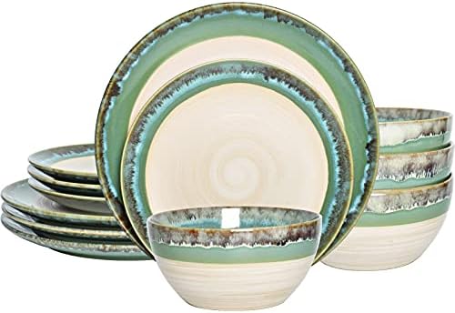 Bosmarlin Stoneware Dinnerware Set, Ceramic Bowls and Plates Set, Service for 4, 12 Piece, Microwave and Dishwasher Safe, Reactive Glaze (Turquoise green)