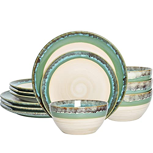 Bosmarlin Stoneware Dinnerware Set, Ceramic Bowls and Plates Set, Service for 4, 12 Piece, Microwave and Dishwasher Safe, Reactive Glaze (Green)