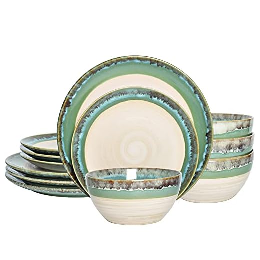 Bosmarlin Stoneware Dinnerware Set, Ceramic Bowls and Plates Set, Service for 4, 12 Piece, Microwave and Dishwasher Safe, Reactive Glaze (Turquoise green)