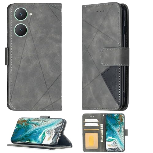 Aroepurt Case Compatible for Vivo Y03 Phone Case Cover [with Tempered Glass Screen Protector] Flip Stand Cover PU Leather Wallet Case Grey