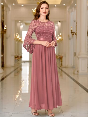 Image of Miusol Women's Formal Sparkle Sequin Lace Bell Sleeve Evening Party Maxi Dress