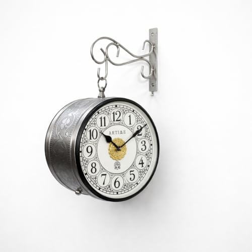 Image of Handcrafted Double Side Metal Analog Vintage Wall Clock | 1.5 Year Machine Warranty | 8 Inchs |1 Side Number & 1 Side Roman Numeral | Black Finish