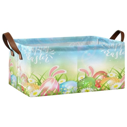 Fygkptb Happy Easter Eggs Bunny Ears Blue Green Style Daisy Green Leaves 1 PC Rectangle Foldable Frame Basket Leather Handles Storage Bin for Laundry Bathroom Organizer 16.9 x 11.4 x 7.7 inch