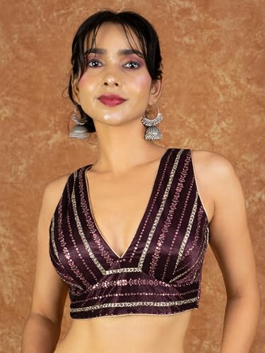 Image of FIGURE'S DESIGNER Women's Sequin Embroidered SabyaSachi Cut V Neck Sleeveless Readymade Saree Blouse E24