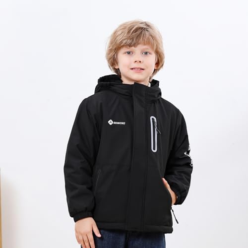 Boys' Waterproof skiing Jacket - Winter Fleece Lined Snowboarding Coat with Hood, Windproof Thermal Outer Shell for Kids Black 9-10 — view 2