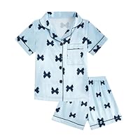 JiAmy Pyjamas Girls Short Sleeve Pjs Sets Summer Kids Satin Pyjamas 2 Piece Button Down Teenagers Sleepwear Bow Print Nightwear 160,Blue