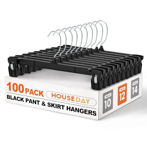 HOUSE DAY Pants & Skirt Hangers - 100 Pack Pants Hangers with Non-Slip Big Clips - Black Plastic Hanger for Shorts, Shirts, Jeans, Slacks, Clothes - Durable, Slim & Space Saving - 12 Inch