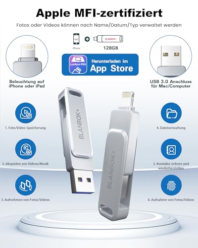 BLANBOK+ Apple MFi-zertifizierter USB Stick 128G für iPhone, Externer iPhone Stick Speicherstick USB External Memory Stick für iPhone Photostick Lightning Backup für iPhone/iPad/Android/PC