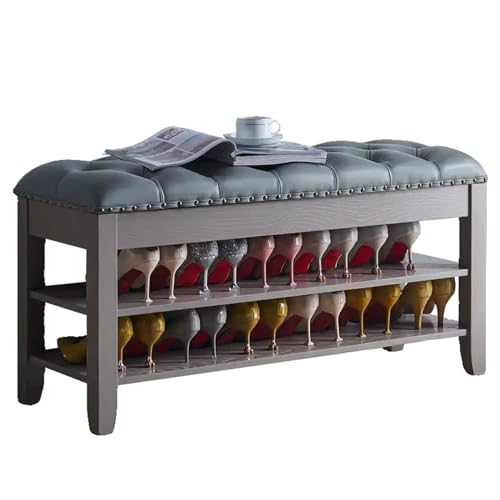 Banc à chaussures en bois massif et cuir noble bleu gris pour une entrée raffinée
